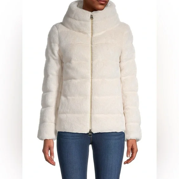 Herno Beige Cream Faux Fur Teddy Down Lady Cape Jacket Size 46 US 10 - Picture 2 of 6